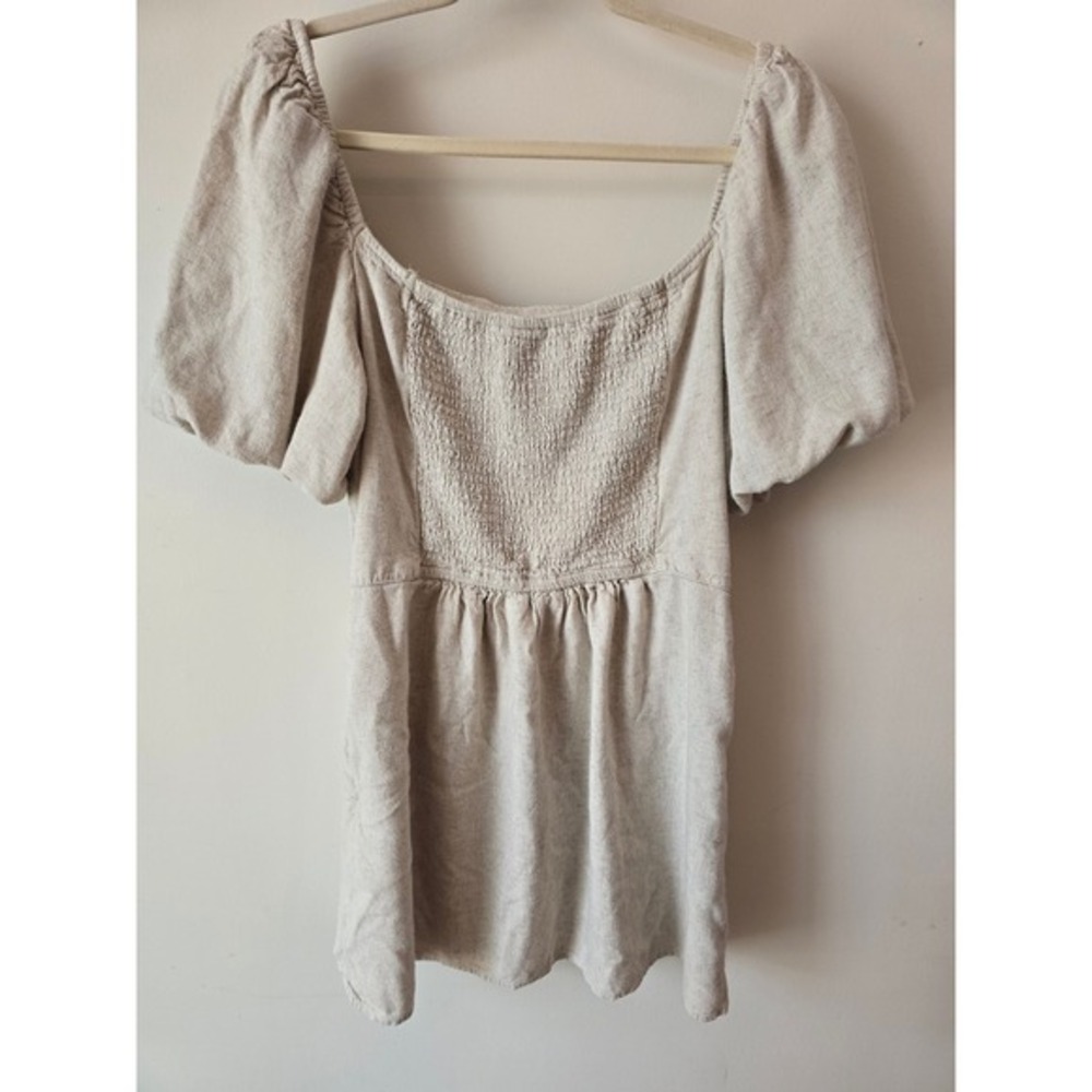 Abercrombie & Fitch Mini Dress Square‎ Neck Puff Sleeve Smocked Beige XL - Picture 3 of 11